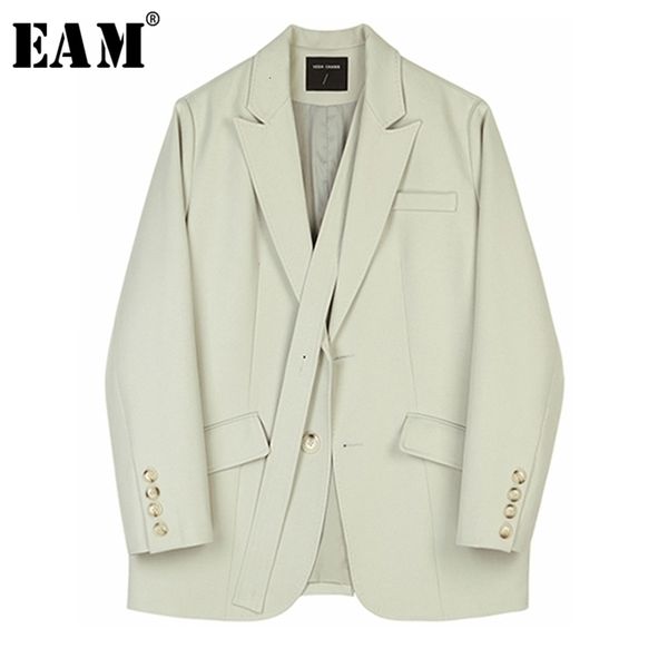 

eam women bandage temperament spliced blazer lapel long sleeve loose fit jacket fashion spring autumn 1b767 y201026, White;black