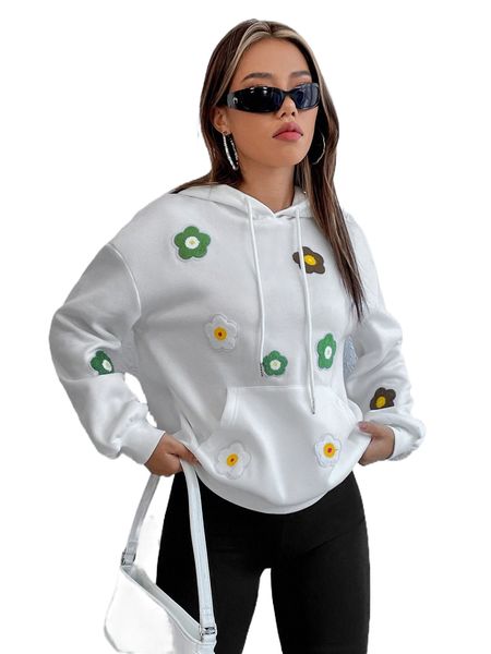 

floral patched kangaroo pocket drawstring hoodie a2ny#, Black