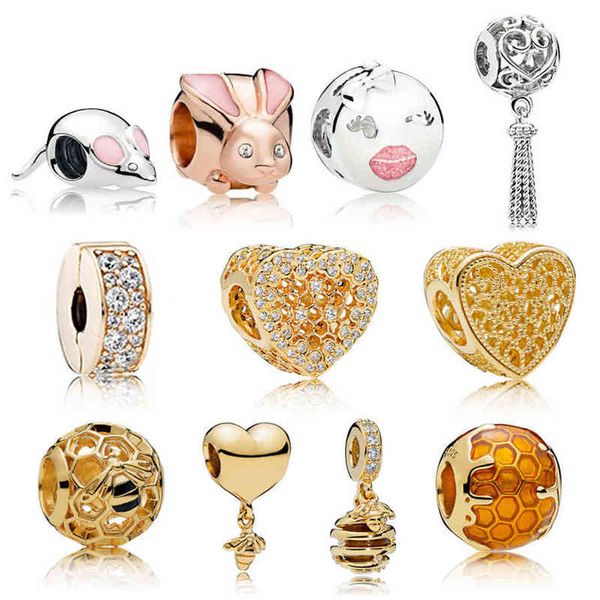 Novo 100% 925 Sterling Silver Charms Bead Rose Gold Mouse 18 Gold Shine Wasp Taxa Fit DIY Braceletes Fábrica Atacado AA220315