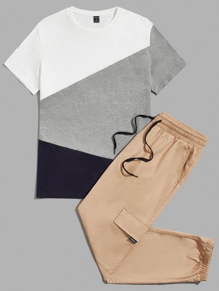 

men colorblock & cargo pants set a8lr#, Gray