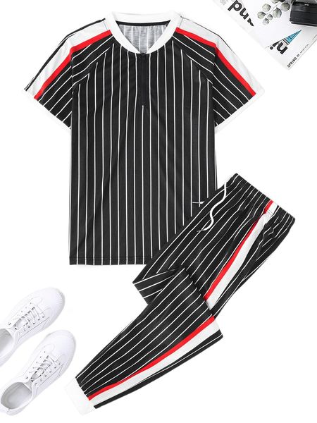 

men random pinstriped contrast panel tee & drawstring waist sweatpants b21o#, Gray