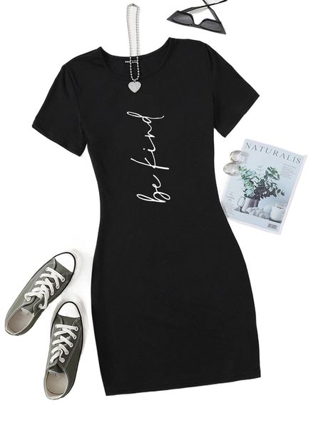 

slogan graphic bodycon dress 15ly#, Black;gray