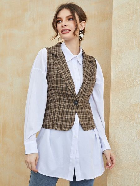 

plaid single button vest blazer without blouse d1xs#, White