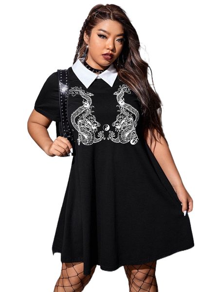 

plus chinese dragon contrast collar dress r231#, Black