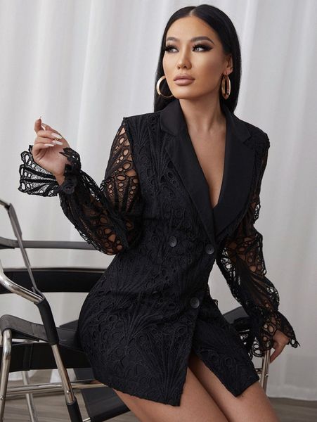 

sxy flounce sleeve double breasted lace blazer dress u7wp#, White