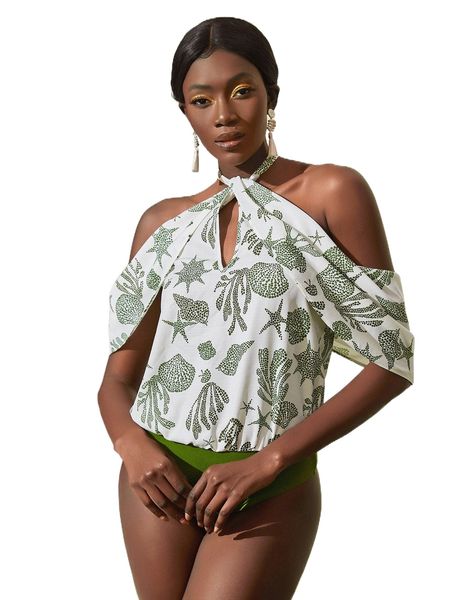 

newness shell print tied backless bodysuit e6j9#, White