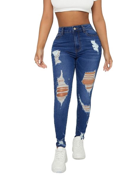 

petite high waist ripped skinny jeans r96e#, Blue