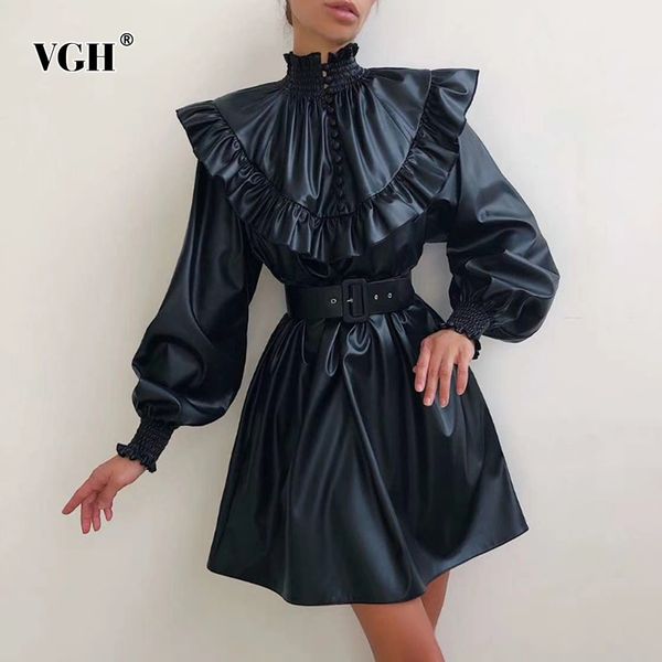 

vintage patchwork ruffle dress for women stand collar lantern sleeve high waist with sashes pu leather dresses female 210507, Black;gray