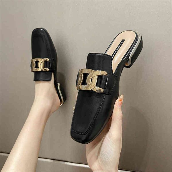 Leder Sandalen Schuhe Frau Baotou Halbe Hausschuhe frauen Sommer Mode Neue Stil Starke Ferse Flip-Flops Für Frauen 220624