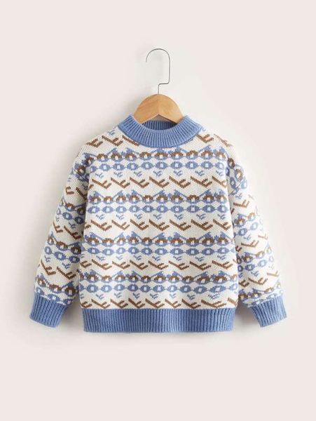 

toddler boys geo pattern drop shoulder sweater she02, Blue