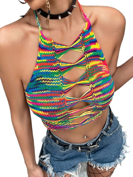 

cut out tie backless halterneck crop knit c1oo#, White;black