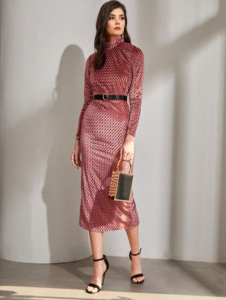 

mock neck split back velvet bodycon dress without belt y3pb#, Black;gray