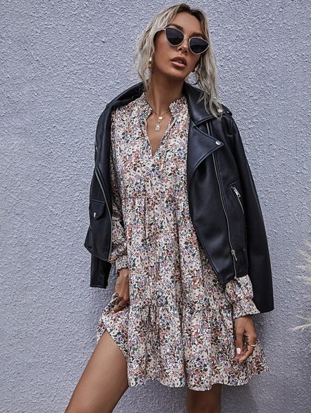 

shirred tie neck ruffle hem ditsy floral dress q0xk#, Black;gray