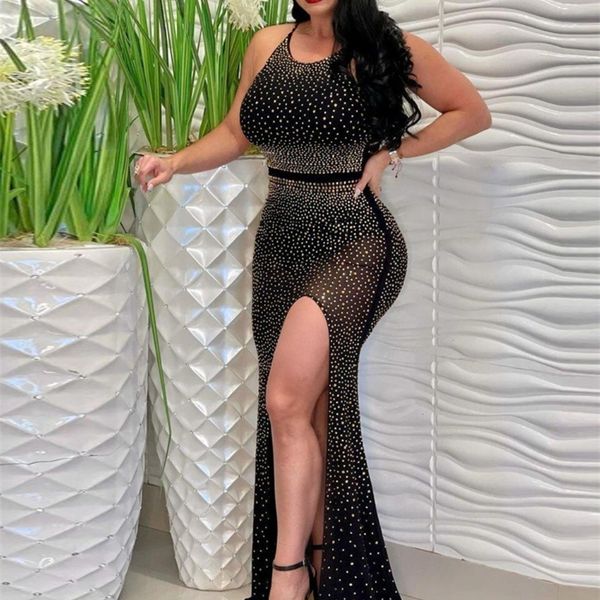 

cm.yaya dimonds rhinestones black mesh see high side split dress for women summer night party long mermaid dresses 220516, Black;gray