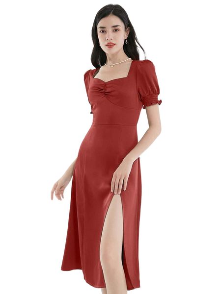 

ruched sweetheart neck puff sleeve split thigh dress e2rt#, Black;gray