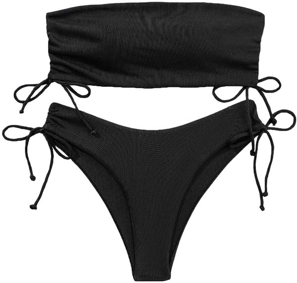 

women 2pcs bikini set drawstring side ribbed bandeau bra and panty swimsuit x0tm#, White;black