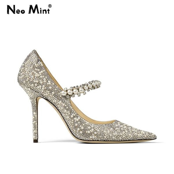 

women pearls high heels shoes luxury designer mary janes bride pointed toe crystal stiletto pumps wedding 220509, Black