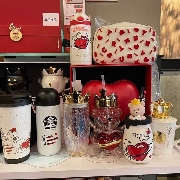 

2021 starbucks cup valentine's day gift crown love bear rainbow mark insulated straw water cup