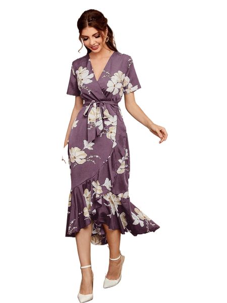 

floral belted ruffle wrap mermaid dress e9pf#, Black;gray