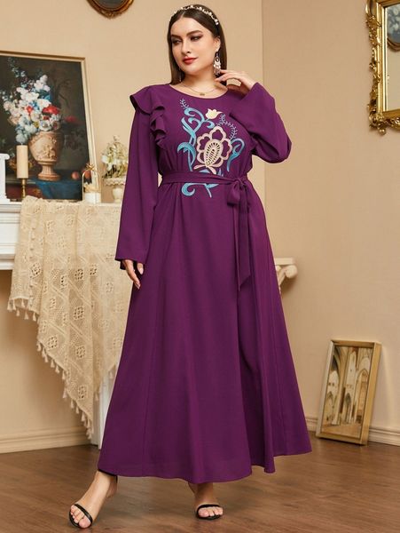 

plus floral embroidered ruffle belted dress c6ha#, Black