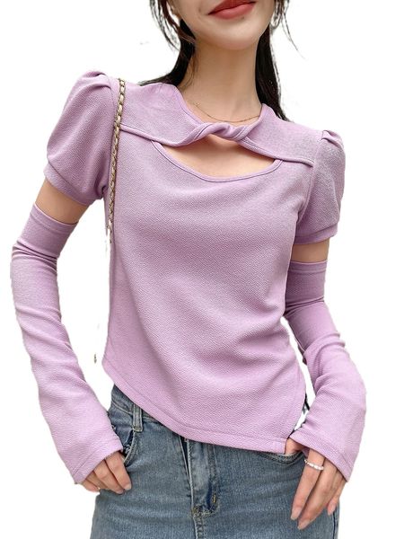 

dazy twist front cut out puff sleeve tee & arm sleeves k32n#, White