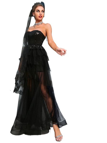 

sequins detail layered mesh dress without veil e3ze#, Black;gray