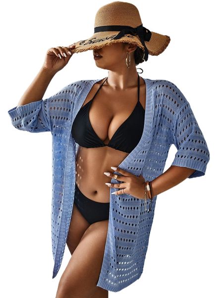 

plus hollow out drop shoulder kimono w6sm#, Black;gray