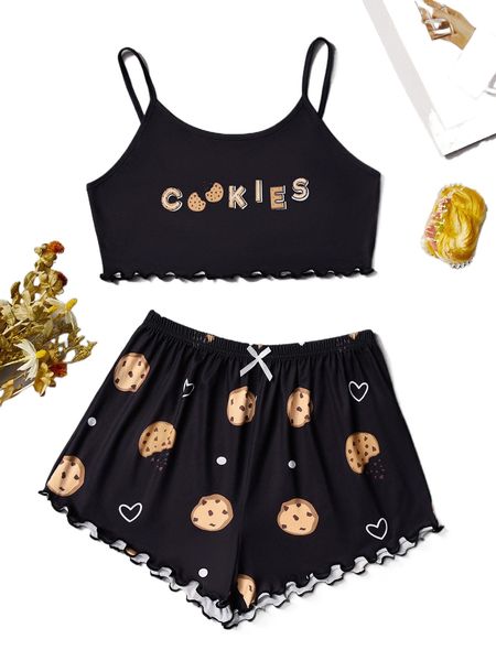 

letter & cartoon graphic lettuce trim pj set x2ql#, Black;red