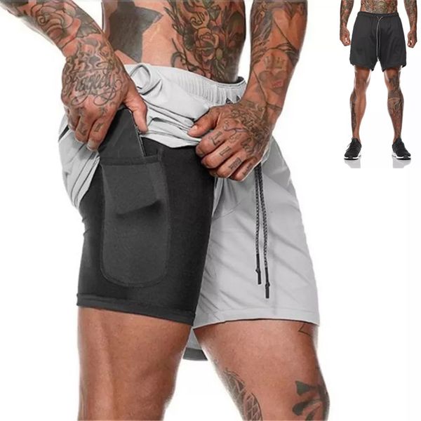 

men gym clothing fitness clothes dual layers sweat pants 2 in 1 workout running shorts sport compression trunks with pocket, White;black