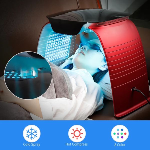 Photodynamische PDT-LED-Rotlichttherapie, Hautverjüngung/Straffung, Schönheits-Gesichtsmaschine mit Gesichtsdampf, heißer und kalter Nano-Spray-Gesichtsmaske für Rückenakne, Anti-Aging