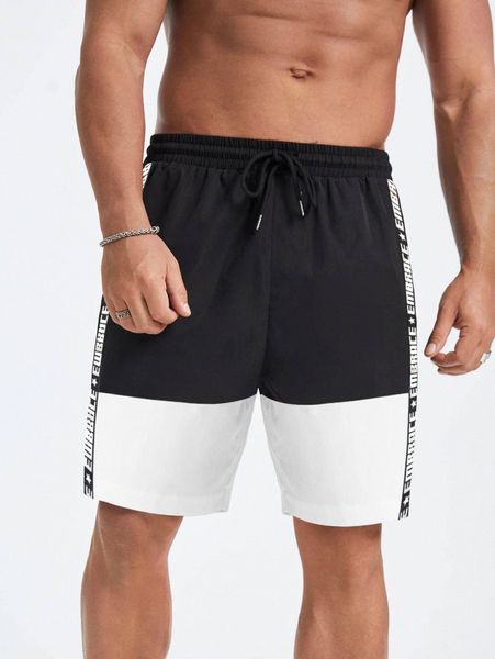 

men letter tape panel two tone drawstring waist shorts n11v#, White;black