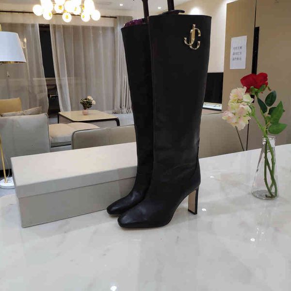 

women's leather boots high heels winter shoes super square head metal decoration series, Black