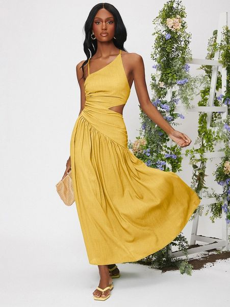 

asymmetrical neck lace up backless cut out ruched dress v40t#, Black;gray