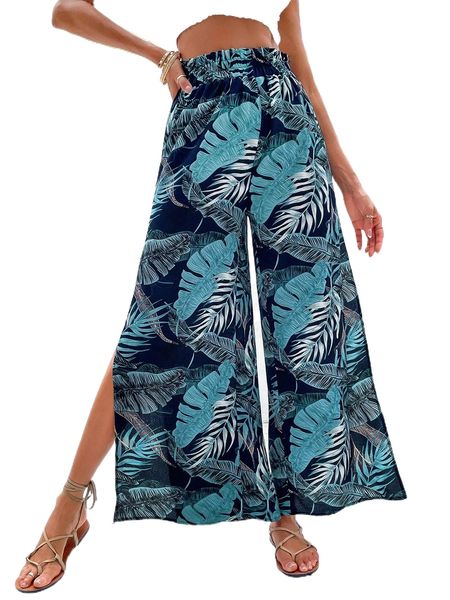 

tropical print paperbag waist split thigh wide leg pants y7d4#, Black;white