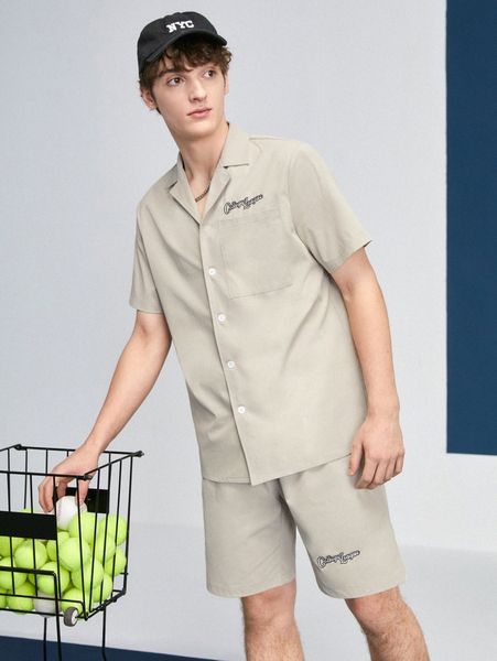 

men letter embroidery patched pocket shirt & shorts e7rt#, Gray