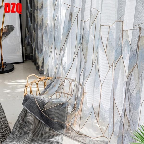 Tenda in tulle geometrica oro grigio per camera da letto Nordic ricamata delicata traslucida balcone trattamento finestra Tenda zh055C 220511