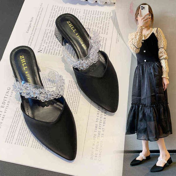 

slippers high heel sandals women s thick pointed toe slipon shoes plus size mules women outside 220516, Black