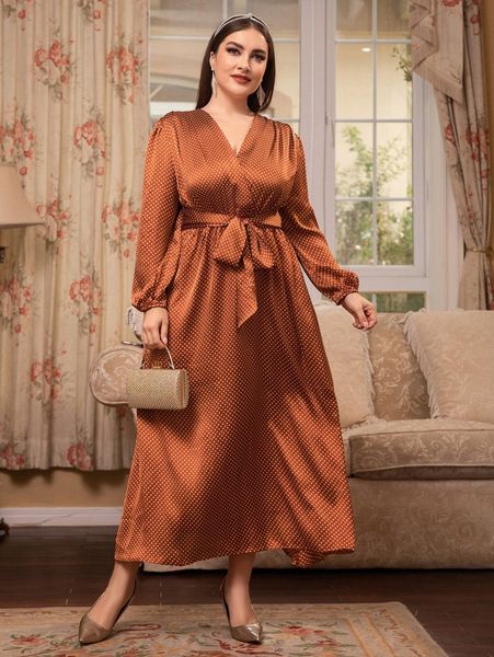 

plus polka dot lantern sleeve belted satin dress s3cc#, Black