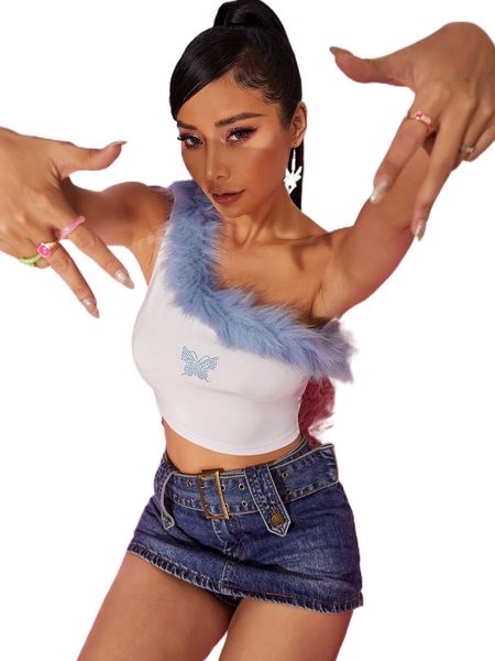 

butterfly contrast fuzzy trim one shoulder crop w3xz#, White