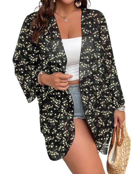 

plus floral print kimono 76mn#, Black;gray