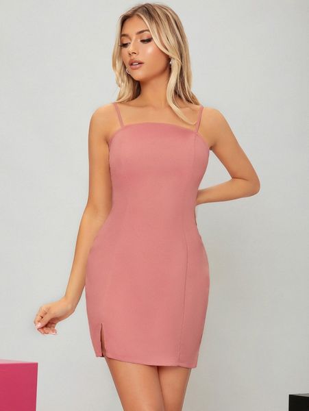

slit hem zipper back cami dress s1t3#, Black;gray