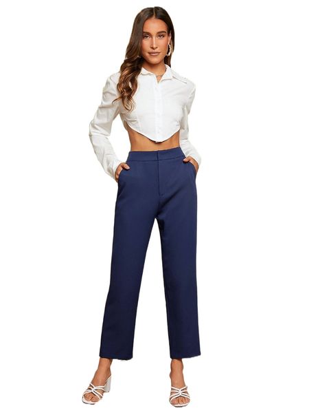 

solid slant pocket straight leg pants w24c#, Black;white