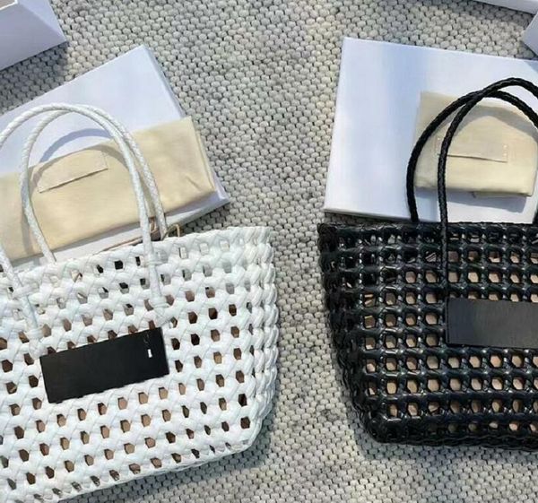 

fashion leather braiding hollow out shopping bags designer letter simple summer sand beach holiday internal drawstring canvas bag design han