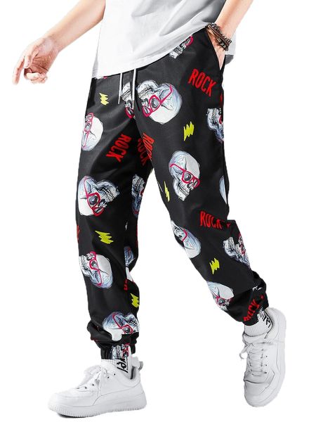 

men skull & letter graphic drawstring waist pants m6kn#, Black