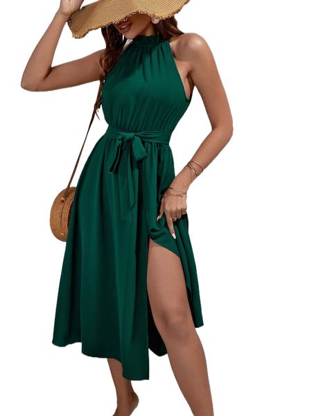 

tie back split thigh belted halter dress 00qw#, Black;gray