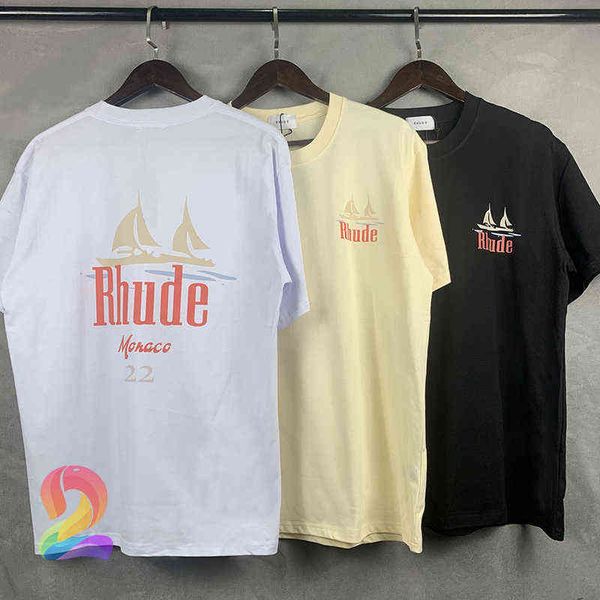 

ss rhude t shirt sailboat letter print loose apricot short sleeve tshirts, White;black