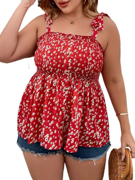 

plus ditsy floral shirred fake button tie shoulder cami j1pi#, Black