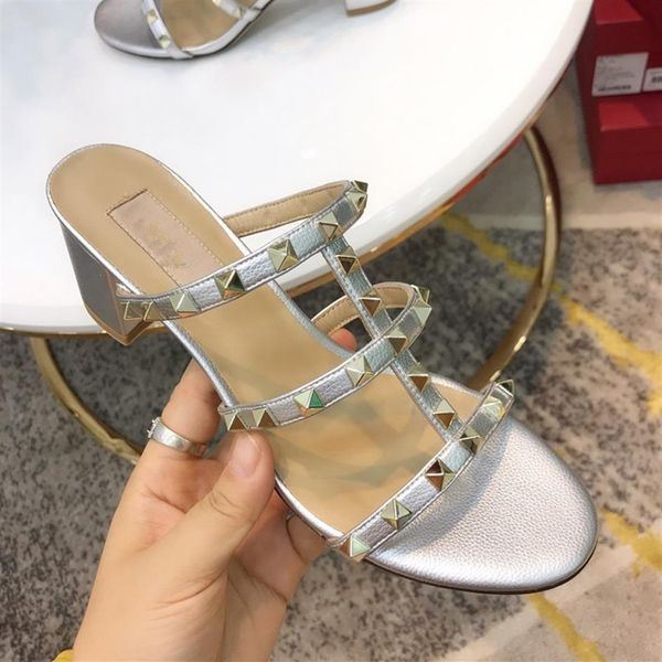 

designer leather luxury sandals slingback pumps ladies high heels woman shoes fashion flat heel riveted beach woman slippers 262i, Black