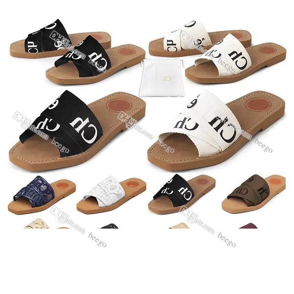 con scatola Luxurys Designers Scarpe Woody C Sandali Donna donna per pantofole piatte Mule in tela Ciabatte da spiaggia in gomma beige nero Woven Peep Toe Casual Letter Stylist