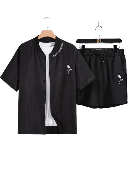 

men floral & letter graphic shirt & drawstring waist shorts without tee 04ye#, Gray